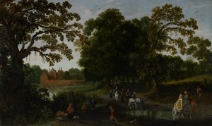 アプトスプール城の前の宮廷行列のある風景、1619年 作： Esaias van de Velde